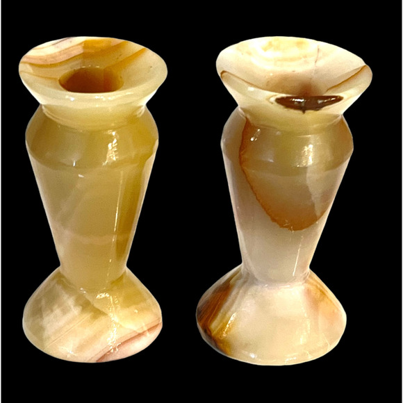 VTG Set (2) MARBLE CANDLE HOLDERS Onyx Stone Cream Brown Taper Candlesticks EXC! - Picture 3 of 5
